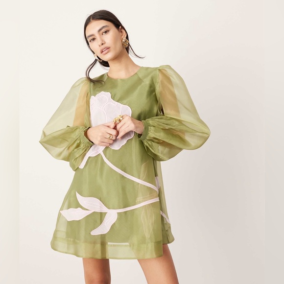 ASOS Dresses & Skirts - ASOS Edition Applique Floral Volume Sleeve A-Line Mini Dress Olive Pink Sz 6 NWT